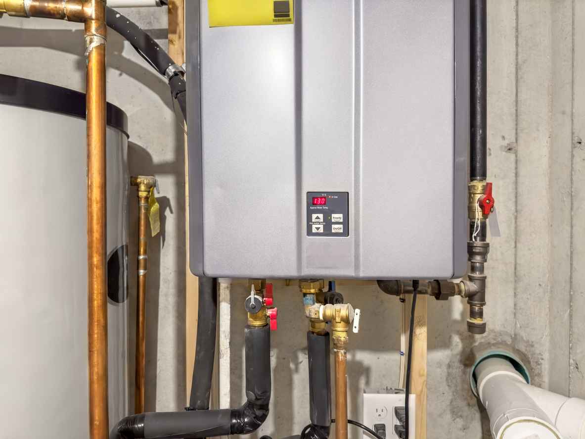 Tankless water heater displaying 130 degree temperature