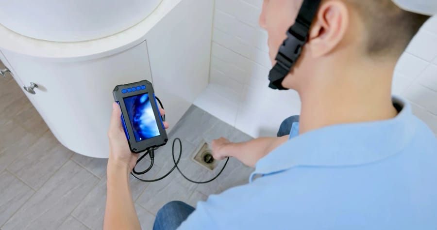 Tradesperson in blue shirt uses a handheld inspection camera to check a bathroom drain from a toilet area near the floor.